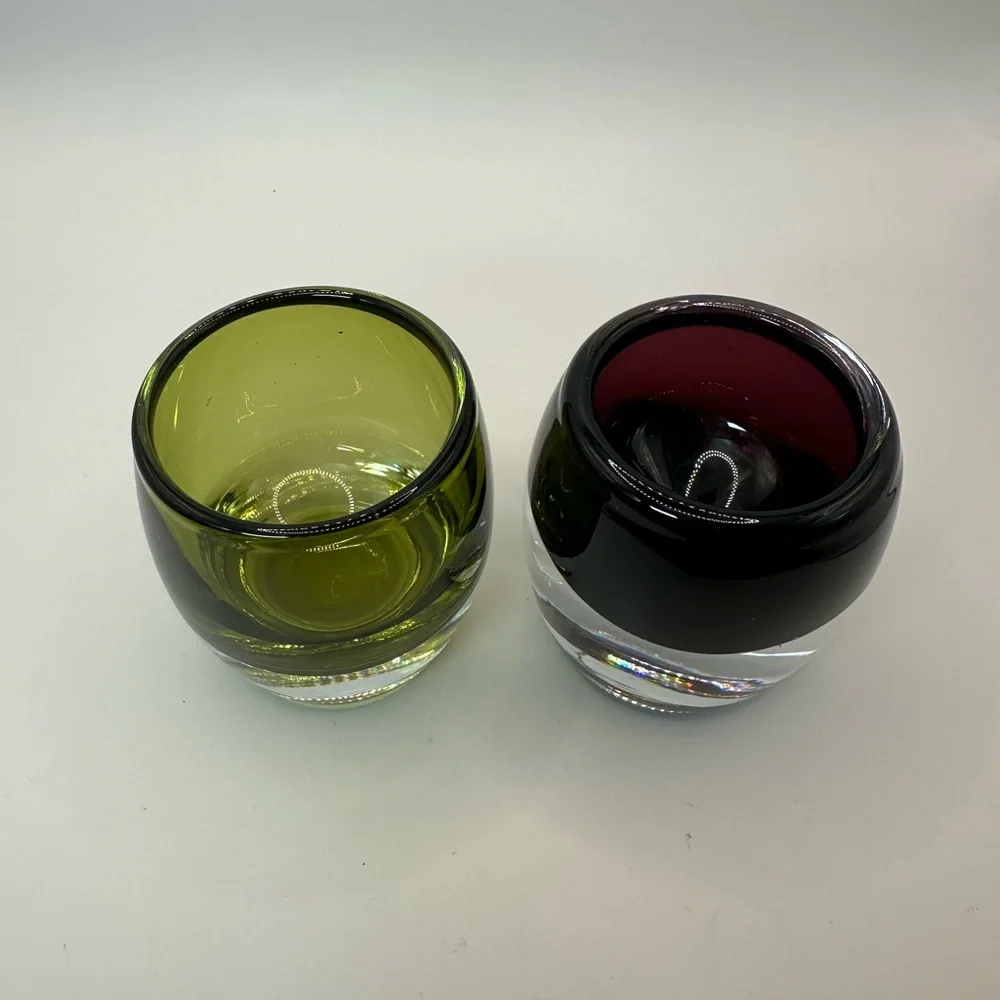 Set of Two Glass Candle Holders - Green and Dark Red